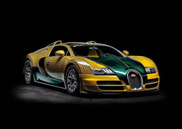 A yellow and green bugatti veyron sports car is shown in a black background.