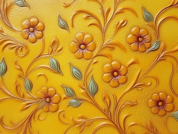 Yellow and green floral design on a yellow wall generative ai