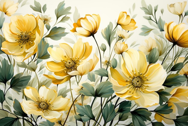 yellow and green floral painting wallpaper seamless pattern in the style of pastoral charm