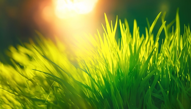 Желтый и зеленый Свежая зеленая летняя трава в солнечный день, солнечный свет, размытие фона