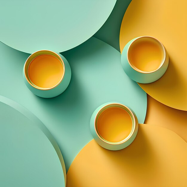 Yellow green and orange cup mockup on round shapes 3d