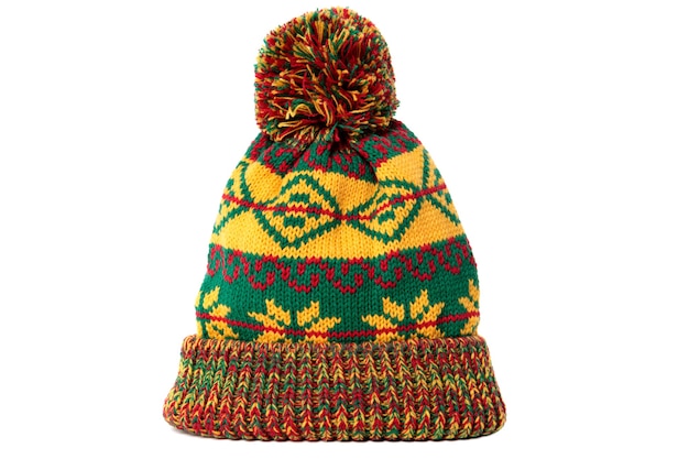 Yellow green pattern winter bobble ski hat