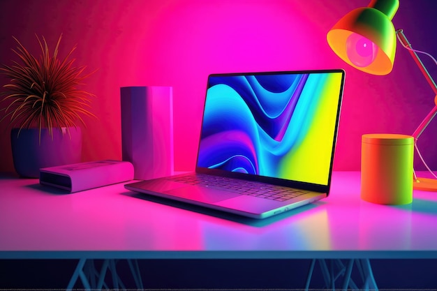 Yellow green pink and blue neon colored room with working table and various technology gadgets