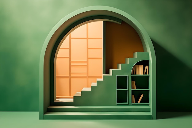 A yellow green room with a staircase and a window with books