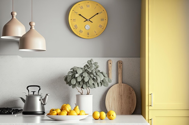 Yellow grey kitchen interior with clock on beige wall fruits