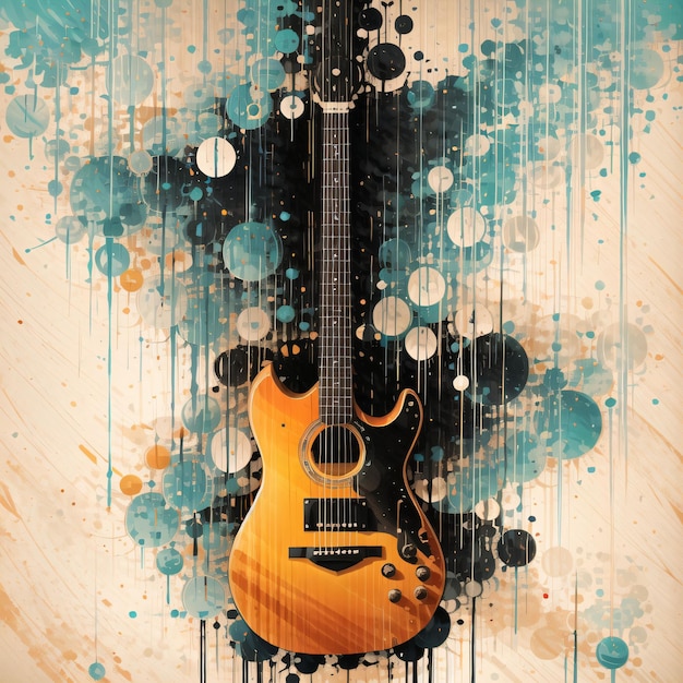 A yellow guitar with a blue background and a blue and green and orange splashes.