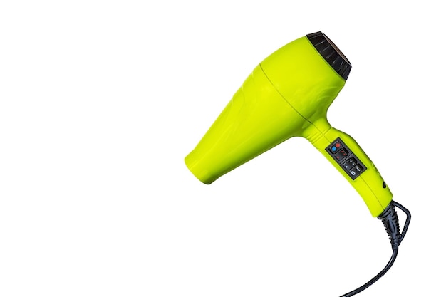 Yellow hair dryer on white background