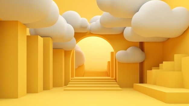 A Yellow Hallway with Stairs Leading to a Cloudy Sky created with Generative AI technology