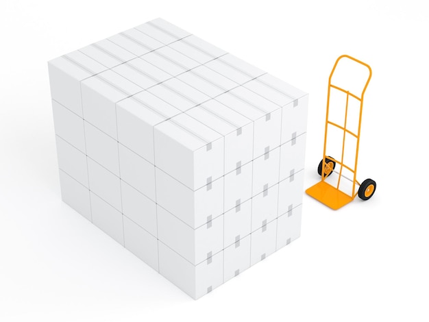 Yellow Hand truck with stack of white cardbord boxes in white studio, 3d rendering