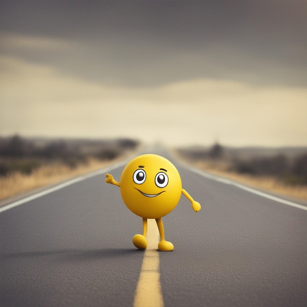 Foto carattere emoji giallo felice che cammina su una carta da parati stradale