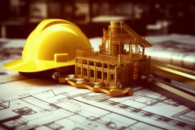 Photo yellow hard hat on construction plans with building background construction concept