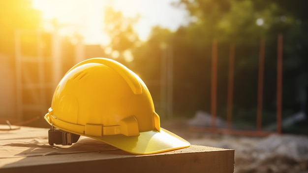 Yellow hard hat on construction site labour day generative ai