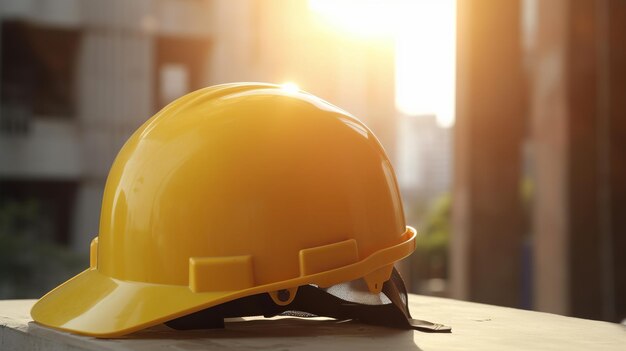 Yellow hard hat on construction site Labour Day Generative Ai