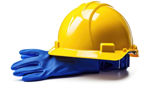 Yellow hard hat and gloves on an isolated white background