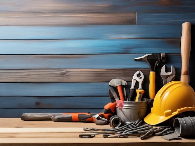 Photo a yellow hard hat is on a wooden shelf with a yellow hard hat on it