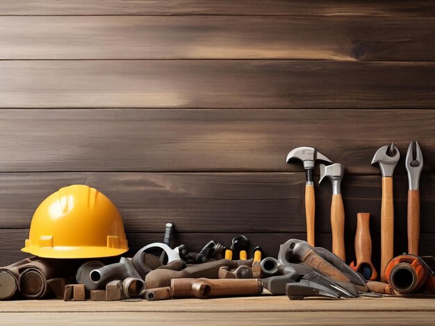 Photo a yellow hard hat is on a wooden shelf with a yellow hard hat on it