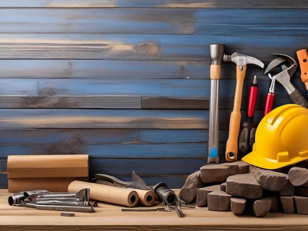 Photo a yellow hard hat is on a wooden table next to a hammer and a hard hat