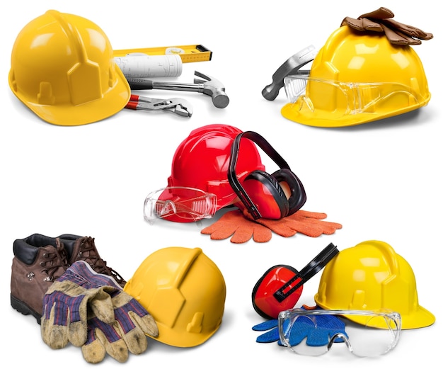 Yellow hard hat and leather work gloves