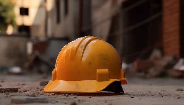 A yellow hard hat lies on the ground in front of a building