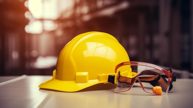 A yellow hard hat and safety glasses sit on a table.