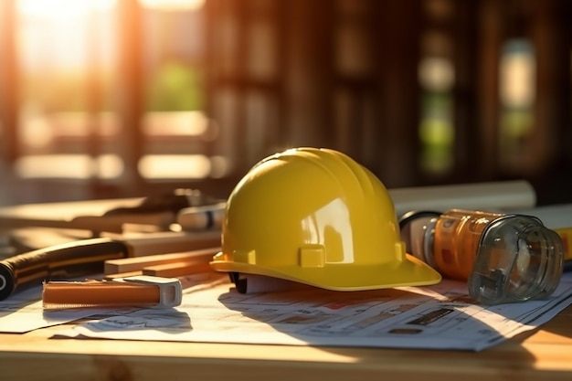 Yellow hard hat sits on a blueprint on top of a wooden table