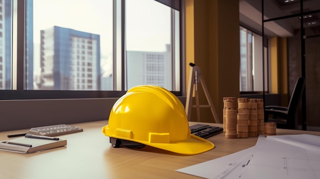 A yellow hard hat sits on a desk next to a stack of papers and papers.