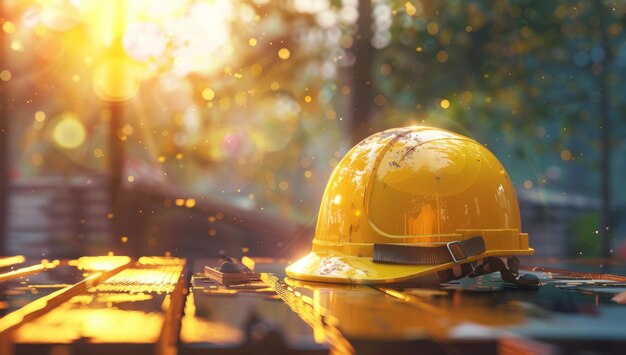 Foto un cappello giallo duro si siede su un tavolo al sole