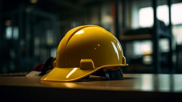 A yellow hard hat sits on a table in a warehouse