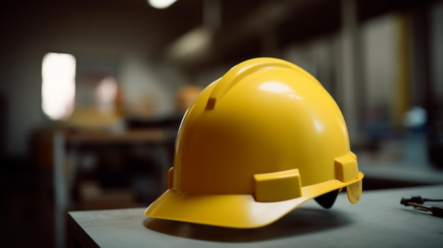 A yellow hard hat sits on a table in a warehouse