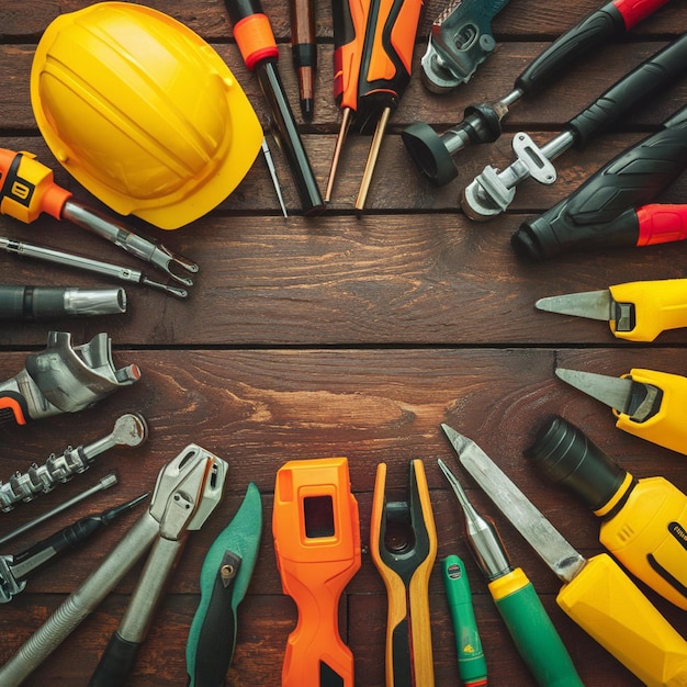 Photo a yellow hard hat and some orange tools on a wooden table