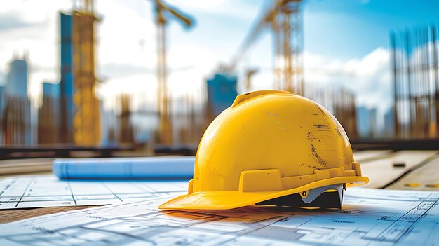 Photo yellow hard hat on top of blueprints with a construction site in the background