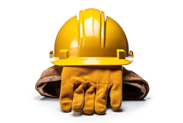 a yellow hard hat and yellow gloves on a white background