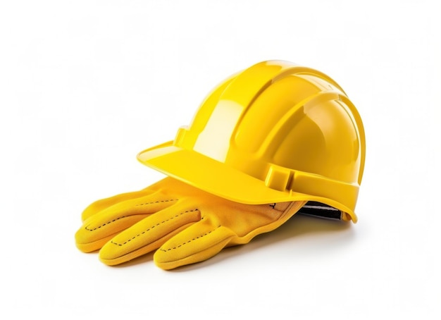 A yellow hardhat and glove isolated