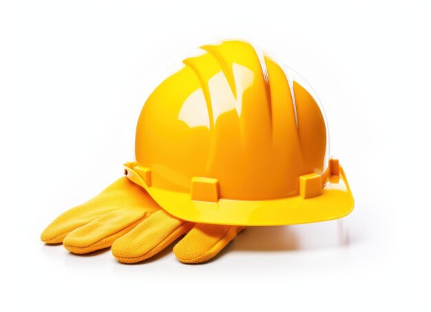 A yellow hardhat and glove isolated