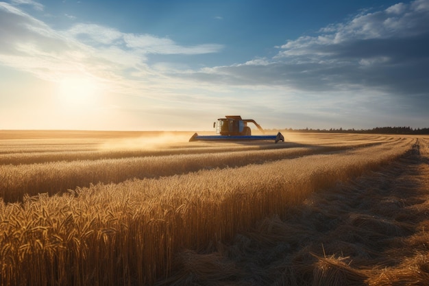 広大なプランテーション生成IAで黄金の小麦を収穫する黄色の収穫機