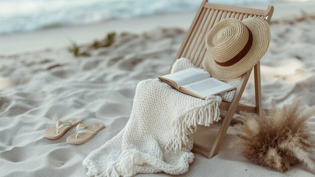 Photo yellow hat on a lounge chair at tropical beach