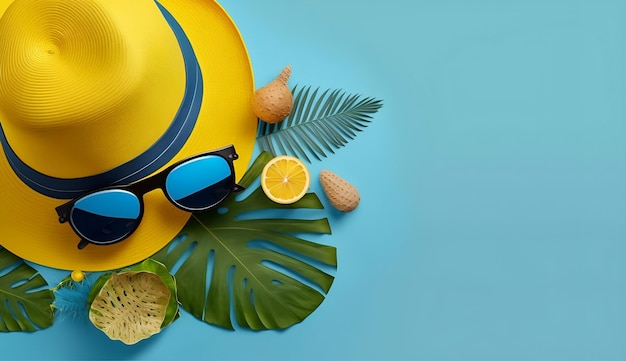 A yellow hat with blue shades and a yellow hat with a palm leaf on a blue background