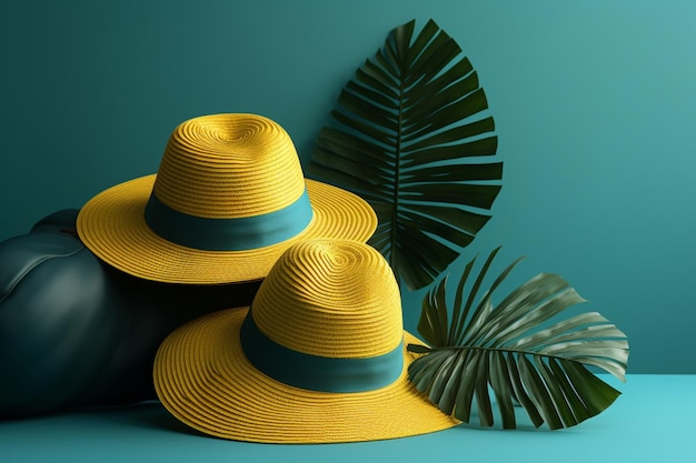 A yellow hat with blue shades and a yellow hat with a palm leaf on a blue background