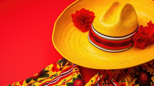 Photo a yellow hat with a flower on it is on a red background.