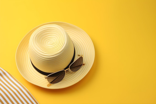 Photo a yellow hat with a straw hat and sunglasses on a yellow background