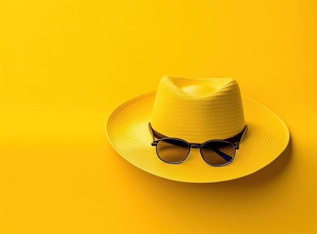 A yellow hat with sunglasses and a straw hat on a yellow background.