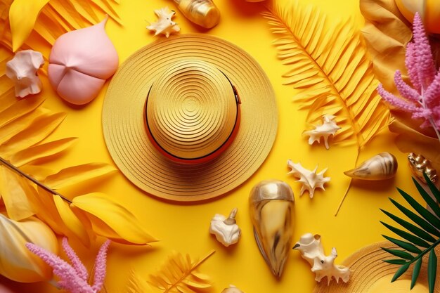 Yellow hat with a yellow background and a seashells and a yellow hat