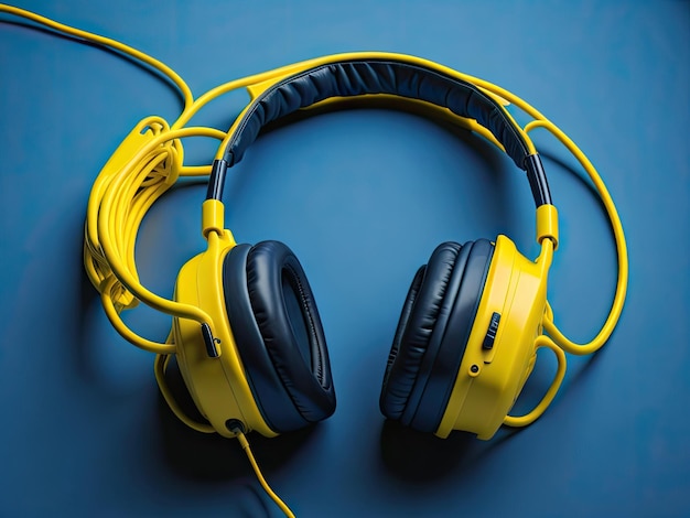 Yellow Headphones on Blue Background ai generative