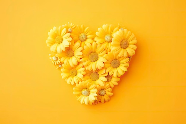 Yellow heart shaped by yellow daisies over yellow background