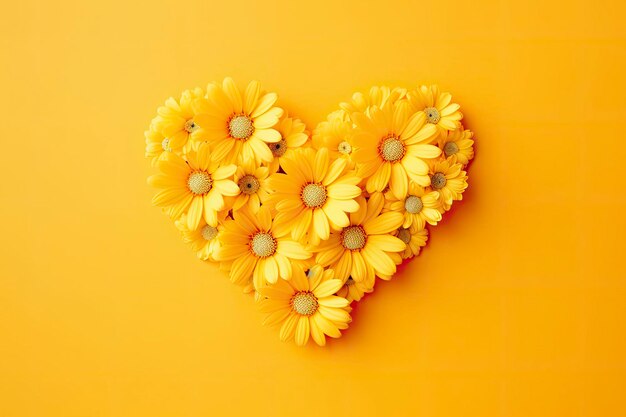 Photo yellow heart shaped by yellow daisies over yellow background