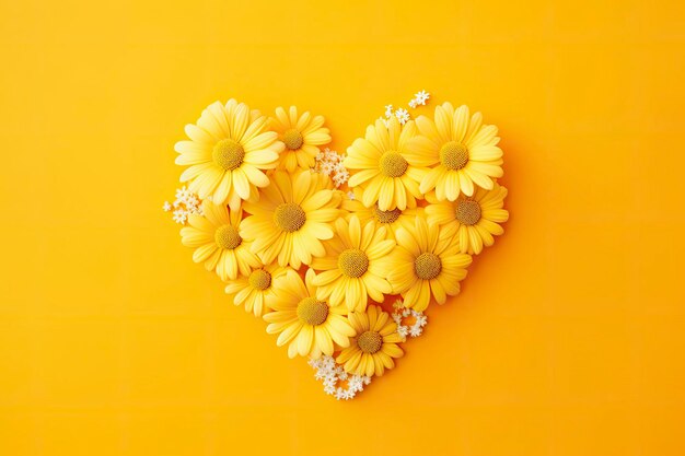 Yellow heart shaped by yellow daisies over yellow background