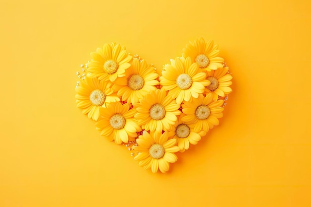 Желтое сердце в форме желтых маргариток на желтом фоне