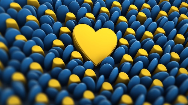 A yellow heart surrounded by blue and yellow objects