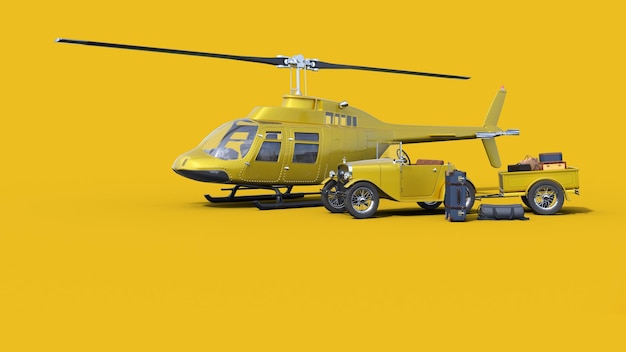 Желтый вертолет с прицепом и вертолетом на нем.