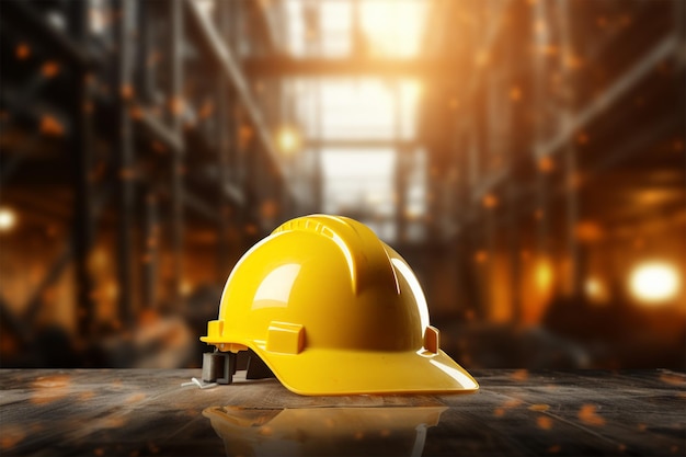 Yellow helmet on site construction background safety hardhat hard hat engineer